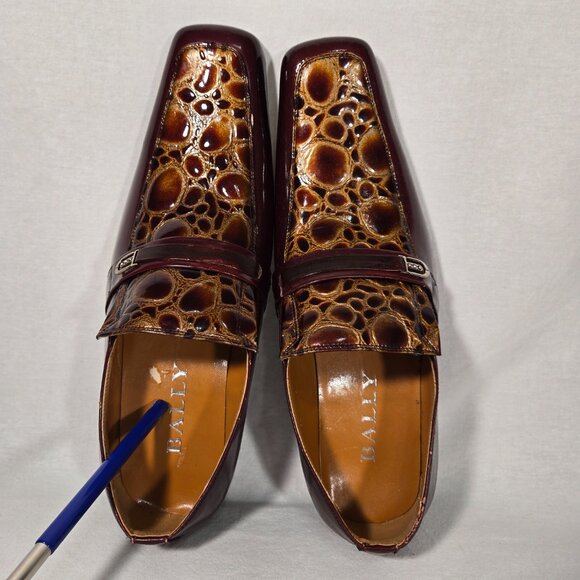 Vintage BALLY Rockabilly Red Wine Patent Leather Brown Crocodile Loafers Size 9. - Picture 10 of 17